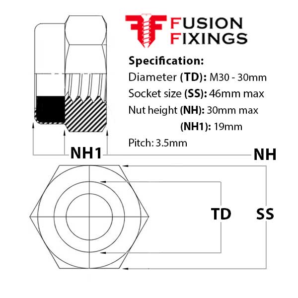 Size guide for the  M30 Nylon Nut, Nyloc Insert Nut, T Type (Standard) Metric, A2 (304) Stainless Steel, DIN 985