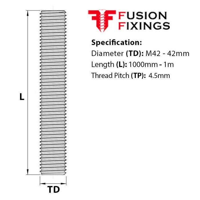 Size guide for the M42 x 1000mm Threaded Bar (studding) BZP Grade 8.8 High Tensile Steel DIN 976-1