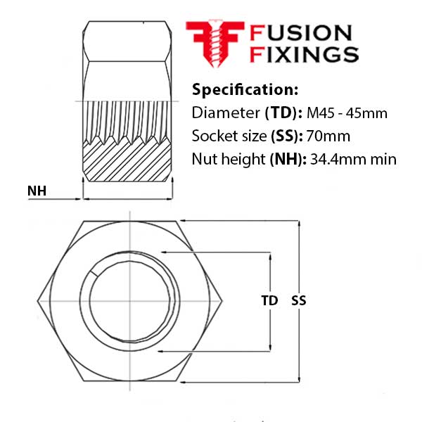 M45 Hex Full Nut, Metric Grade 8 Steel HDGV Galvanised (Tapped Oversize), DIN 934