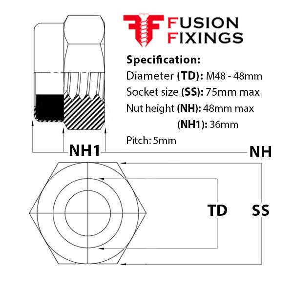 M48 Nylon Nut, Nyloc Insert Nut, T Type (Standard) Metric, Class 6 Steel BZP, DIN 985