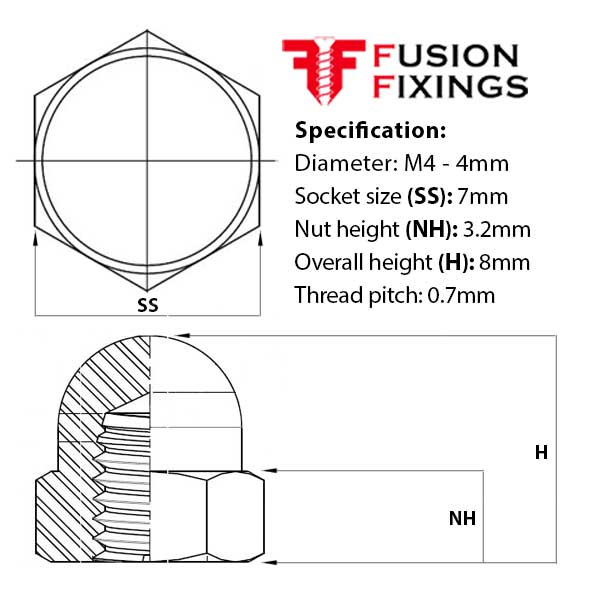 Size guide for the M4 Hex Dome Nut, Metric, Class 6 Steel, BZP, DIN 1587