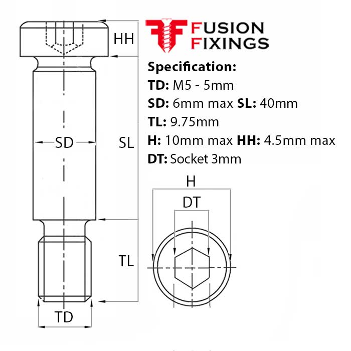 Size guide for the M5 (6mm) x 40mm Socket Cap Shoulder Screw, Self Colour Grade 12.9 ISO 7379
