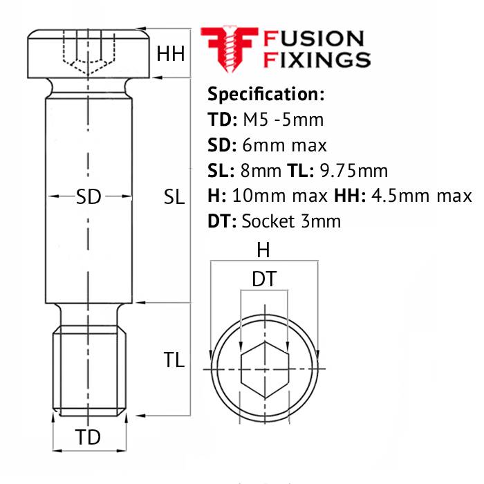 Size guide for the M5 (6mm) x 8mm Socket Cap Shoulder Machine Screw Self Colour Gade 12.9 ISO 7379