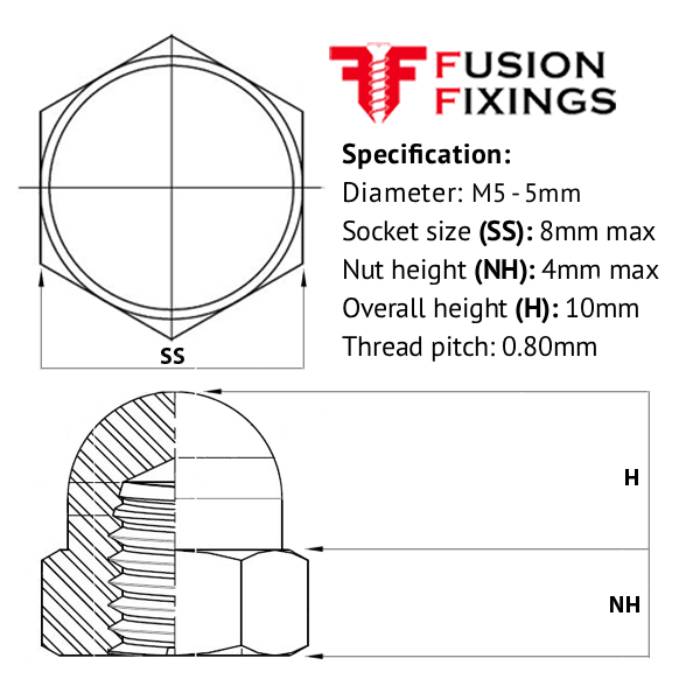 Size guide for the M5 Hexagon Dome Nut Metric Brass, DIN 1587