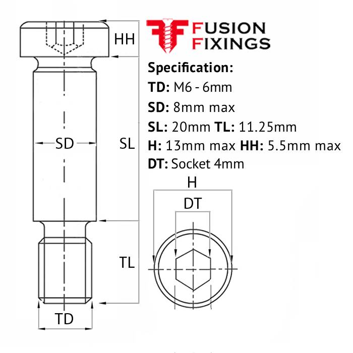 Size guide for teh M6 (8mm) x 20mm Socket Cap Shoulder Screws, Self-Colour, Grade 12.9, ISO 7379