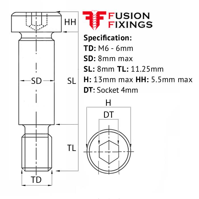 M6 (8mm) x 8mm Socket Cap Shoulder Screw, Self-Colour, Grade 12.9, ISO 7379