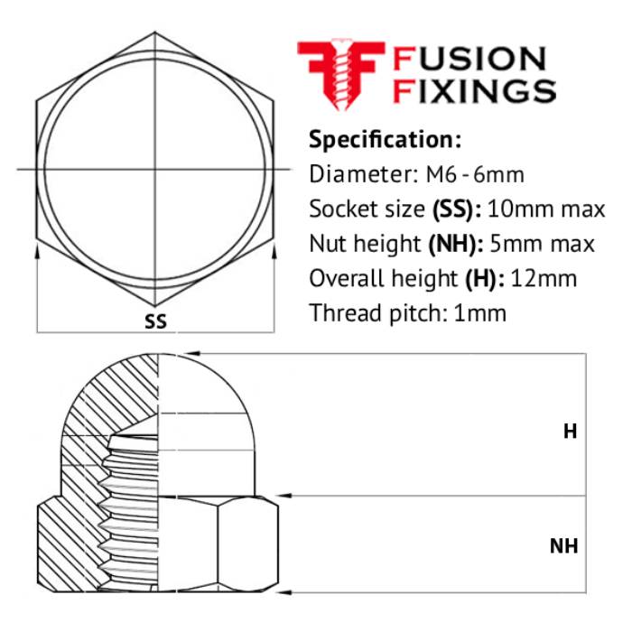 Size guides for the M6 Hexagon Dome Nut Metric Brass, DIN 1587