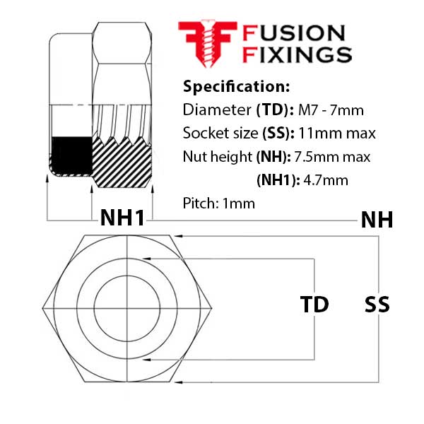 M7 Nylon Nut, Nyloc Insert Nut, T Type (Standard) Metric, A2 (304) Stainless Steel, DIN 985
