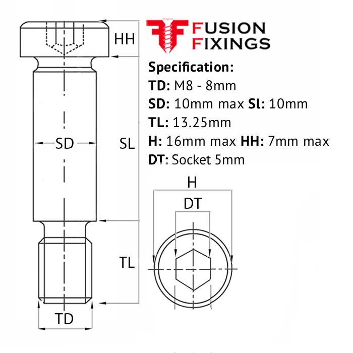 Size guide for the M8 (10mm) x 10mm Socket Cap Shoulder Screws, Self-Colour, Grade 12.9, ISO 7379