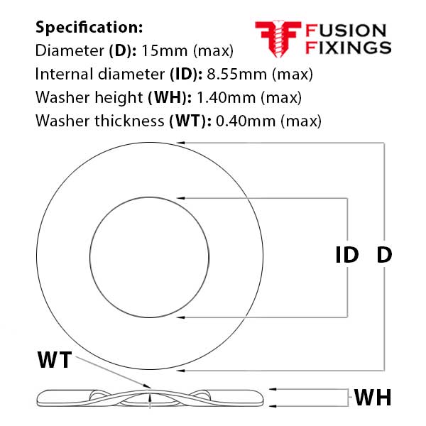 Size guide for the M8 Crinkle Washer, A2 Stainless Steel BS 4463