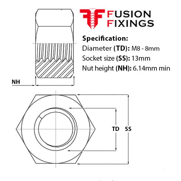 Size guide for the M8 Hex Full Nut, Metric Grade 8 Steel HDGV Galvanised (Tapped Oversize) DIN 934