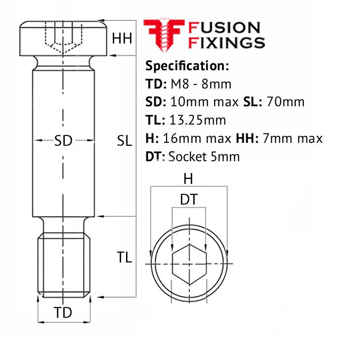 M8 (10mm) x 70mm Socket Cap Shoulder Screw, Self-Colour, Grade 12.9, ISO 7379