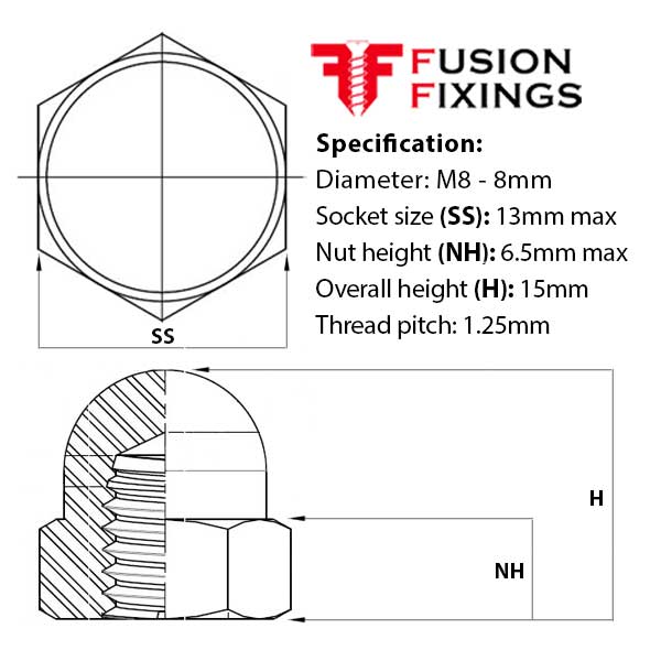 M8 Hex Dome Nut, Metric, Class 6 Steel, BZP, DIN 1587