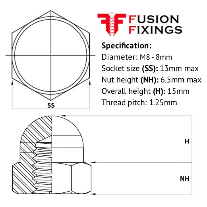 Size guide for the M8 Hex Dome Nut, Metric, A4 (316) Stainless Steel, DIN 1587