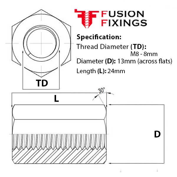 M8 x 24mm Hexagon Stud Connector Nut Steel BZP, DIN 6334