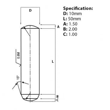 M10 x 50mm, Metal Dowel Pin, Hard & Ground, DIN 6325 screw guide 