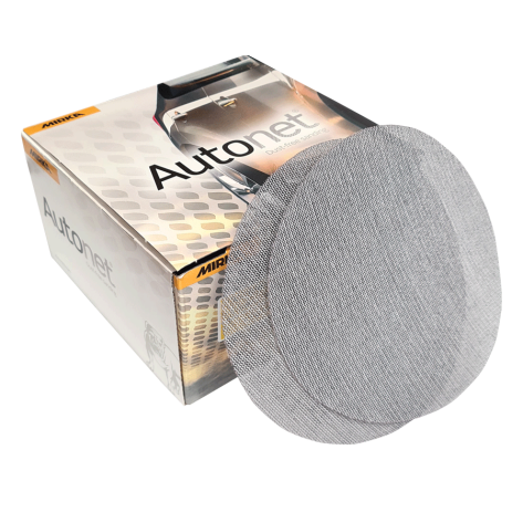 The Mirka 150mm Autonet Sanding Discs with a P180 Grit. Supplied in packs of 50, AE24105018. Part of a larger range of sanding discs from Fusion Fixings