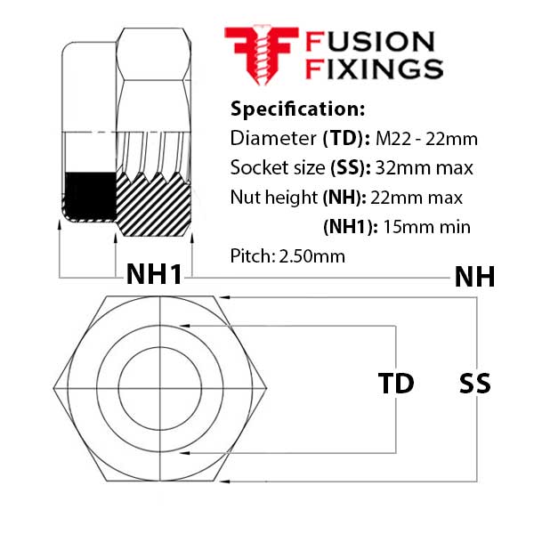 Size guide for the M22 Nyloc Nut (Nylon Insert Nut) T Type, Stainless Steel DIN 985