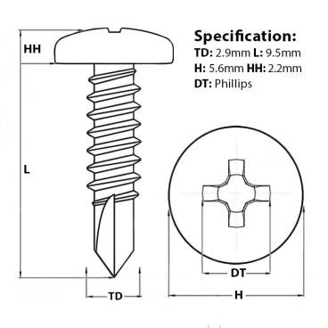 Size guide for the 2.9mm (No.4) x 9.5mm, Pan Head Self Drilling Screw, (TEK) BZP, DIN 7504 N H. Part of a growing range form Fusion Fixings