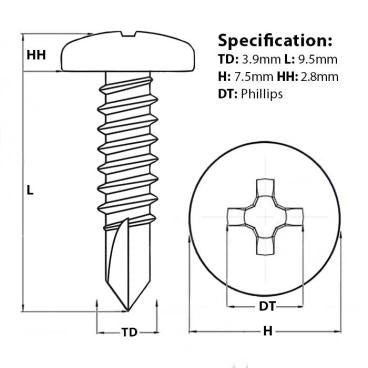Size guide for the 9.5mm pan head self drilling screw
