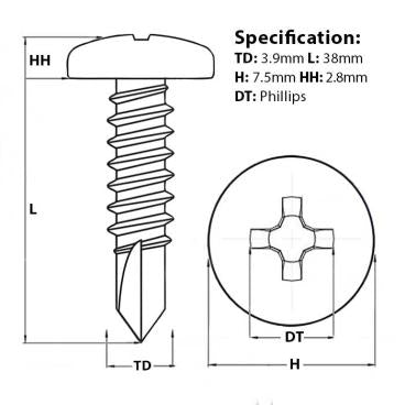 Size guide for a 38mm pan head self drilling screw with a thread diameter of 3.9mm