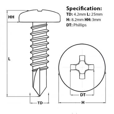 Size guide for the 25mm pan head self drilling screw with a 4.2mm thread diameter