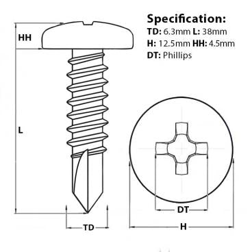 6.3mm (No.14) x 38mm, pan head self drilling screw