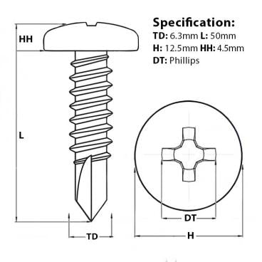 Size diagram for 6.3mm (No.14) x 50mm, pan head self drilling screw.