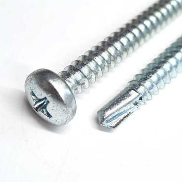 Detail product photography for 6.3mm (No.14) x 100mm, pan head self drilling screw (TEK), BZP, DIN 7504 N H  