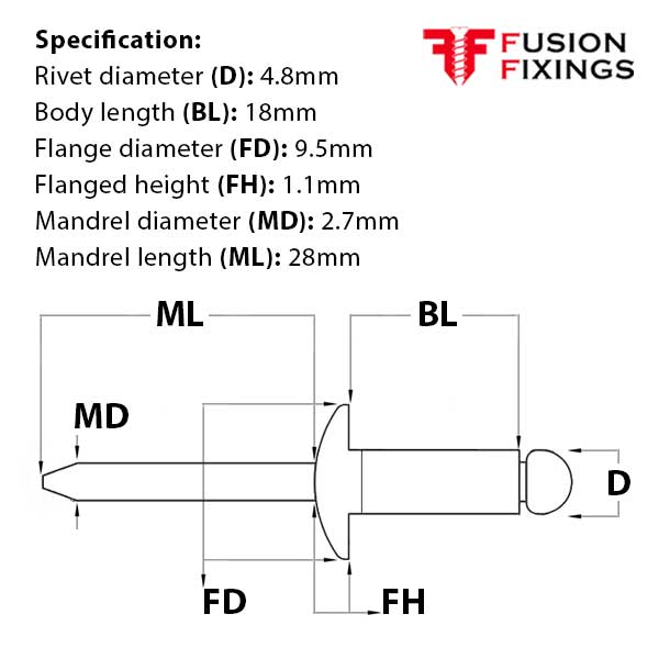 Size guide for the 4.8 x 18mm Dome Head Pop Rivet (Blind Rivet) Aluminium - Steel, Grip Range: 11 - 13mm