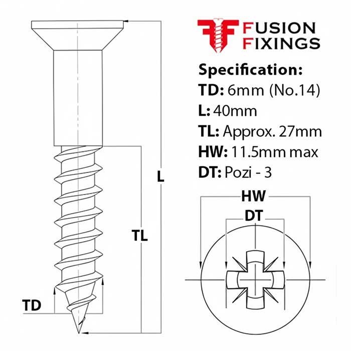 6mm (No.14) x 40mm Pozi Countersunk Wood Screw, A2 Stainless Steel, DIN 7997