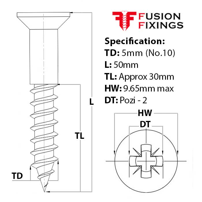 Size guide for the 5mm (No.10) x 50mm Pozi Countersunk Wood Screw, A2 Stainless Steel, DIN 7997