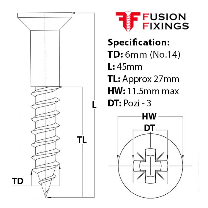 Size guide for the 6mm (No.14) x 45mm Pozi Countersunk Wood Screw, A2 Stainless Steel, DIN 7997