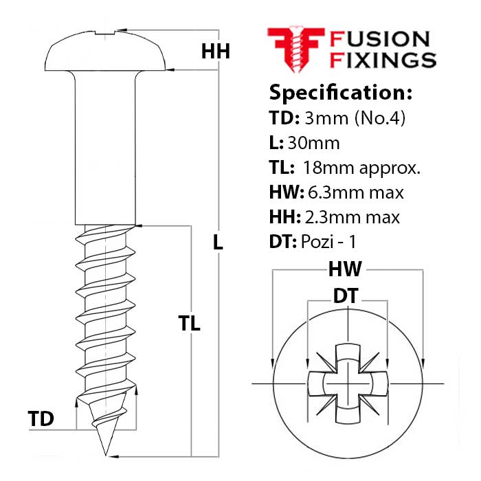 Size guide for the 3mm (No.4) x 30mm Pozi Round Head Wood Screw, A2 Stainless Steel, DIN 7996.