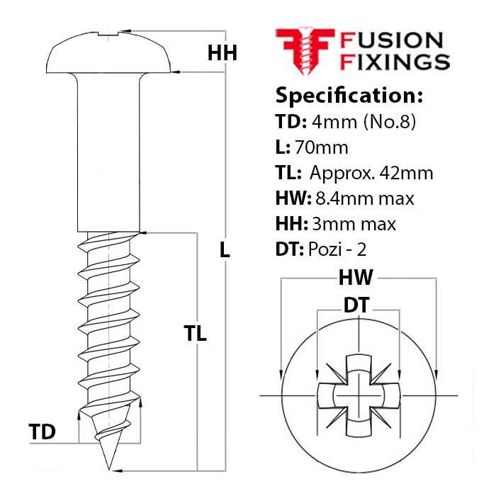 4mm (No.8) x 70mm Pozi Round Head Wood Screw, A2 Stainless Steel, DIN 7996