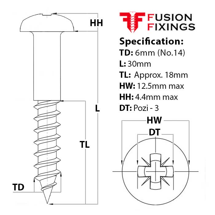 Size guide for the 6mm (No.14) x 30mm Pozi Round Head Wood Screw, A2 Stainless Steel, DIN 7996