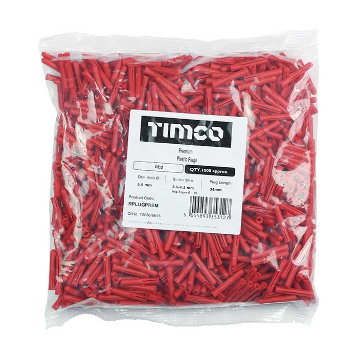 TIMco 5.5mm x 34mm Premium Red Plastic Plug 1000pcs