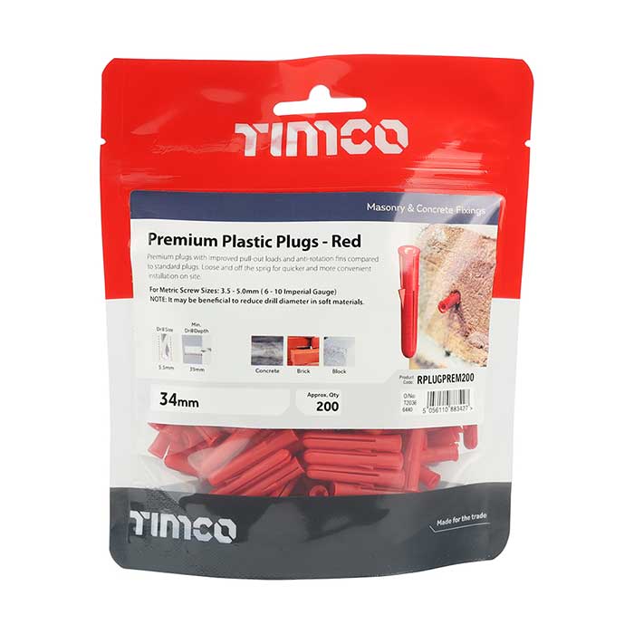 5.5 x 34mm Red Premium Plastic Wall Plugs - Screw Size 3.5mm – 4.8mm - Bag of 200 from Fusion Fixings