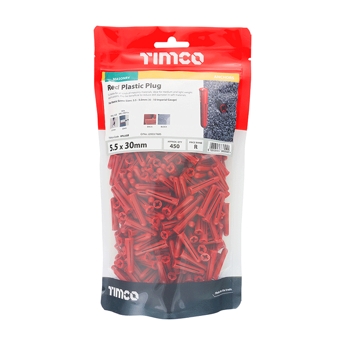 Bag of 100 x 7.5 x 30mm Red Plastic Masonry Wall Plugs - Screw Size 3.5mm - 5mm - Box of 450