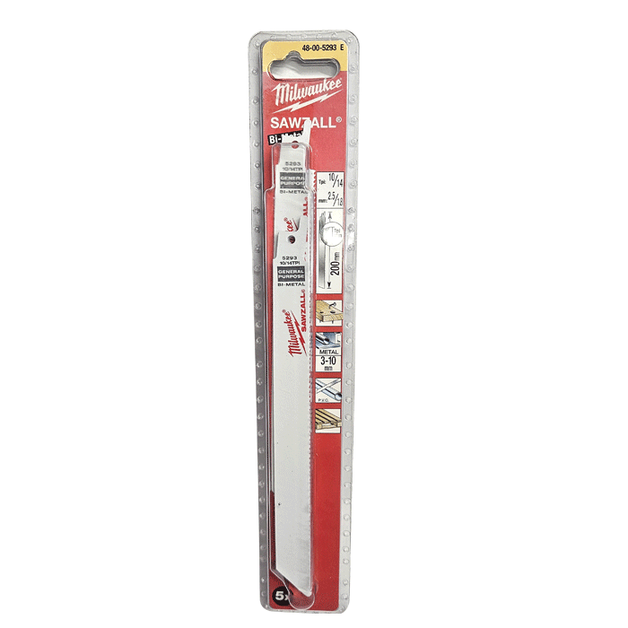 Milwaukee SAWZALL Universal Reciprocating Saw Blades 200mm x 10/14 TPI, Pack of 5 (48005293) - Clearance