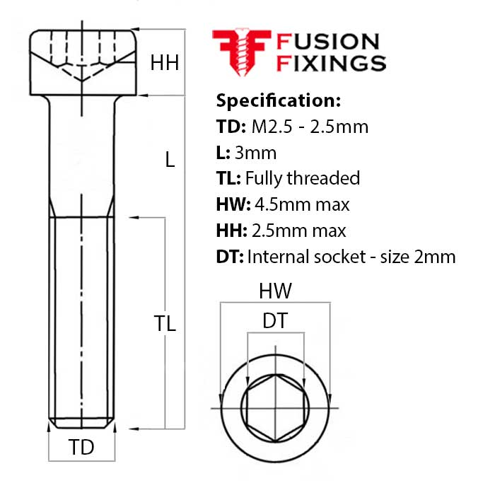 Size guide for the M2.5 x 3mm Socket Cap Head Screw, A4 Stainless Steel DIN 912