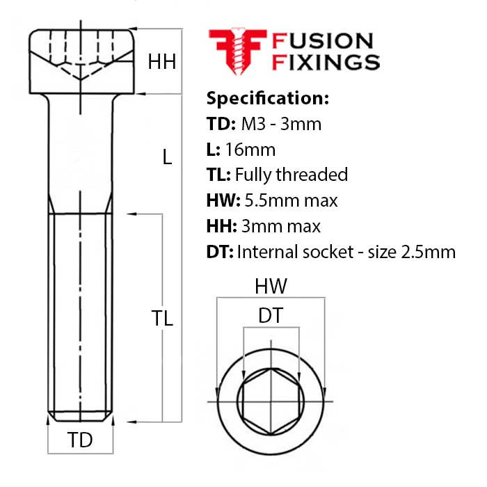 Size guide for the M3 x 16mm Socket Cap Head Screw, A4 Stainless Steel DIN 912