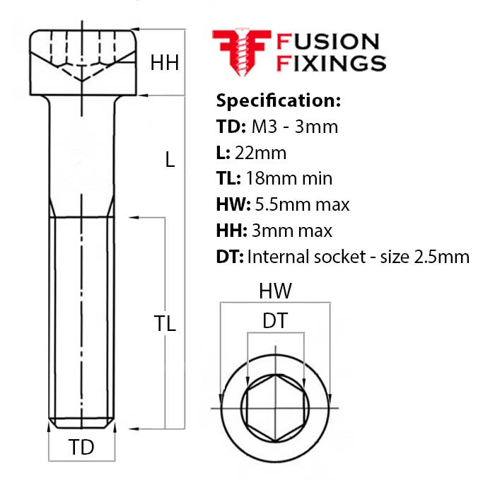 Size guide for the M3 x 22mm Socket Cap Head Screw, A4 Stainless Steel DIN 912