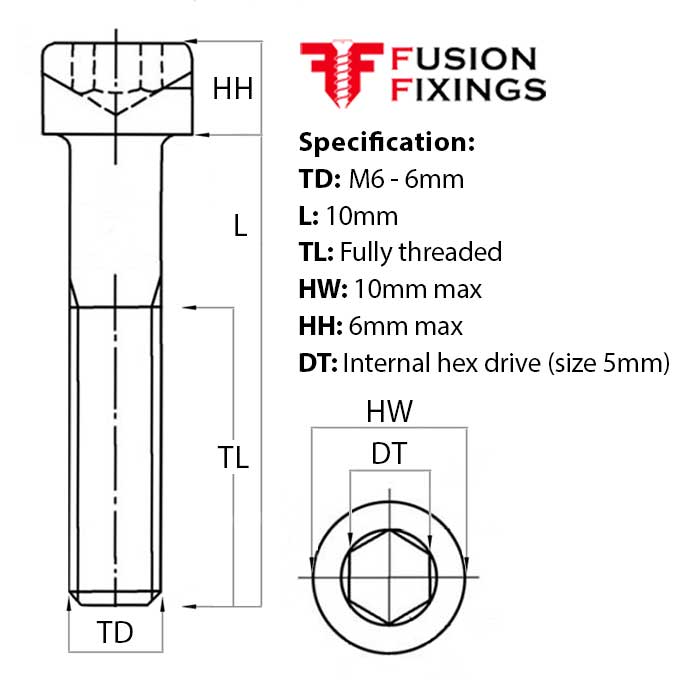 Size guide for the M6 x 10mm Socket Cap Head Screw, BZP Grade 12.9 DIN 912
