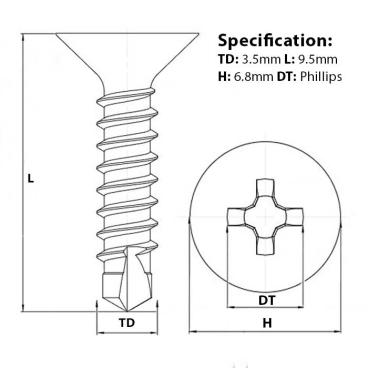 3.5mm (No.6) x 9.5mm, Countersunk Self Drilling Screw (TEK), BZP, DIN 7504 screw guide