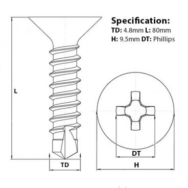 Screw guide of 4.8mm (No.10) x 80mm, Countersunk Self Drilling Screw (TEK), BZP, DIN 7504