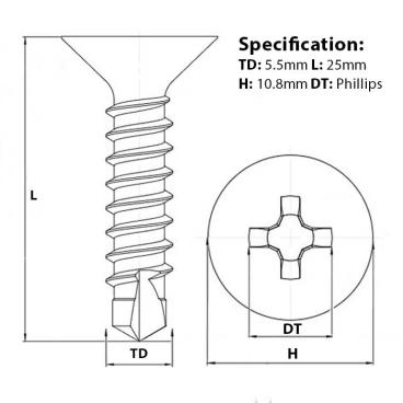 Screw guide for 5.5mm (No.12) x 25mm, Countersunk Self Drilling Screw (TEK), BZP, DIN 7504