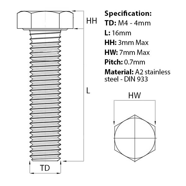 Size guide for M4 x 16mm Hex Set Screw (Fully Threaded Bolt) A2 Stainless Steel DIN 933 