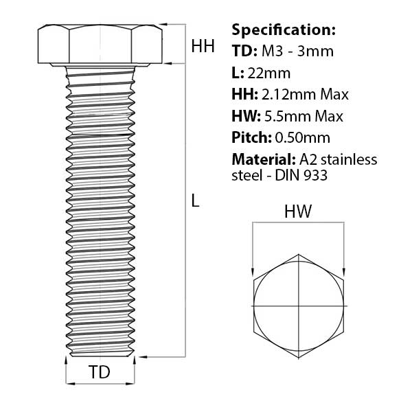 Screw guide for M3 x 22mm Hex Set Screw (Fully Threaded Bolt) A2 Stainless Steel DIN 933 