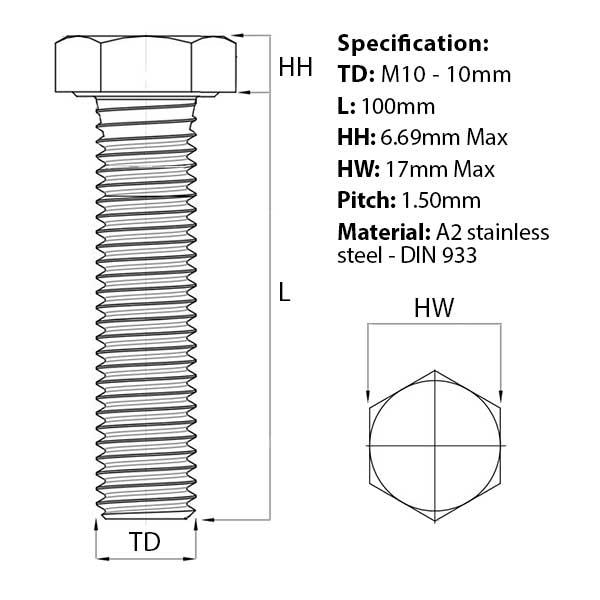 Size guide for M10 x 100mm Hex Set Screw (Fully Threaded Bolt) A2 Stainless Steel DIN 933 